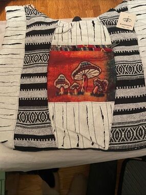 Kathmandu Traders Black & White Mushroom Tote Bag with Red Accent